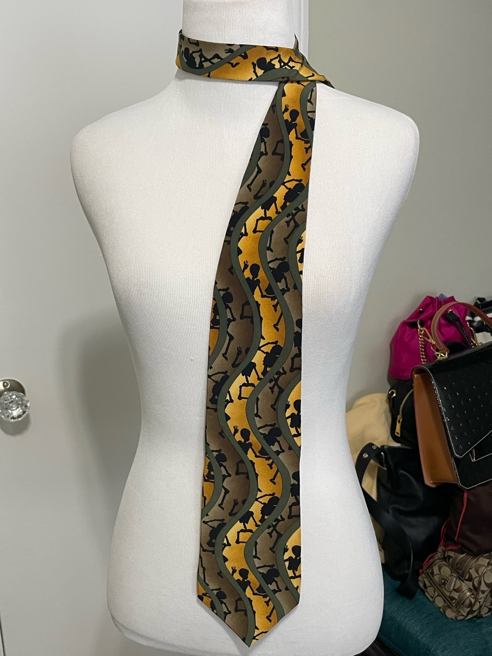 Silk Skinny Scarf Tie in Mustard Yellow and Olive Green